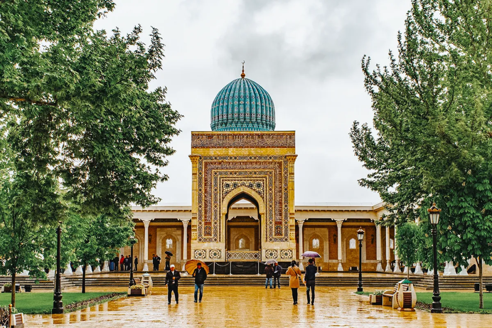Imam al-Bukhari Memorial Complex near Samarkand with turquoise dome and courtyard